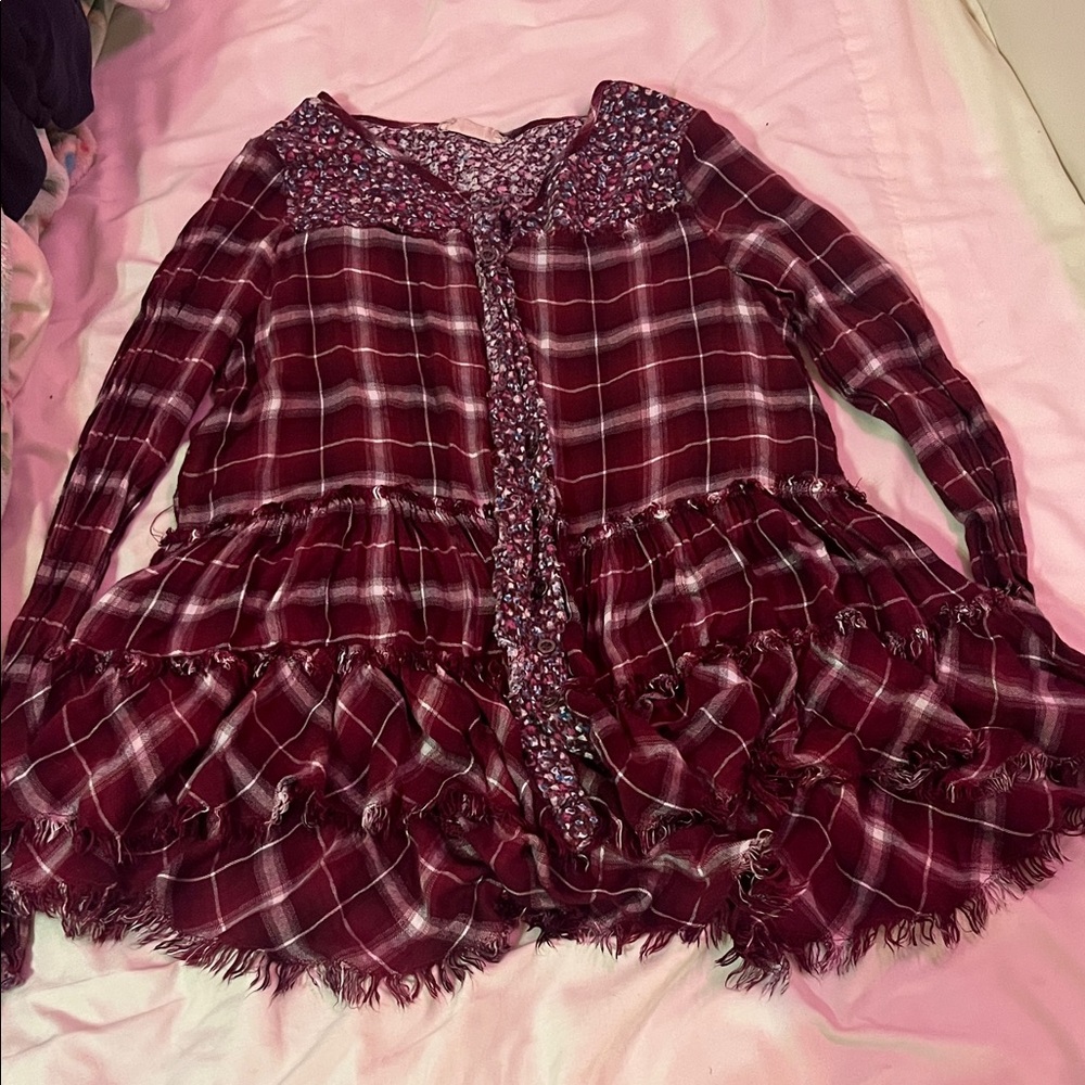 Altar'd State Burgundy Plaid Ruffle Blouse